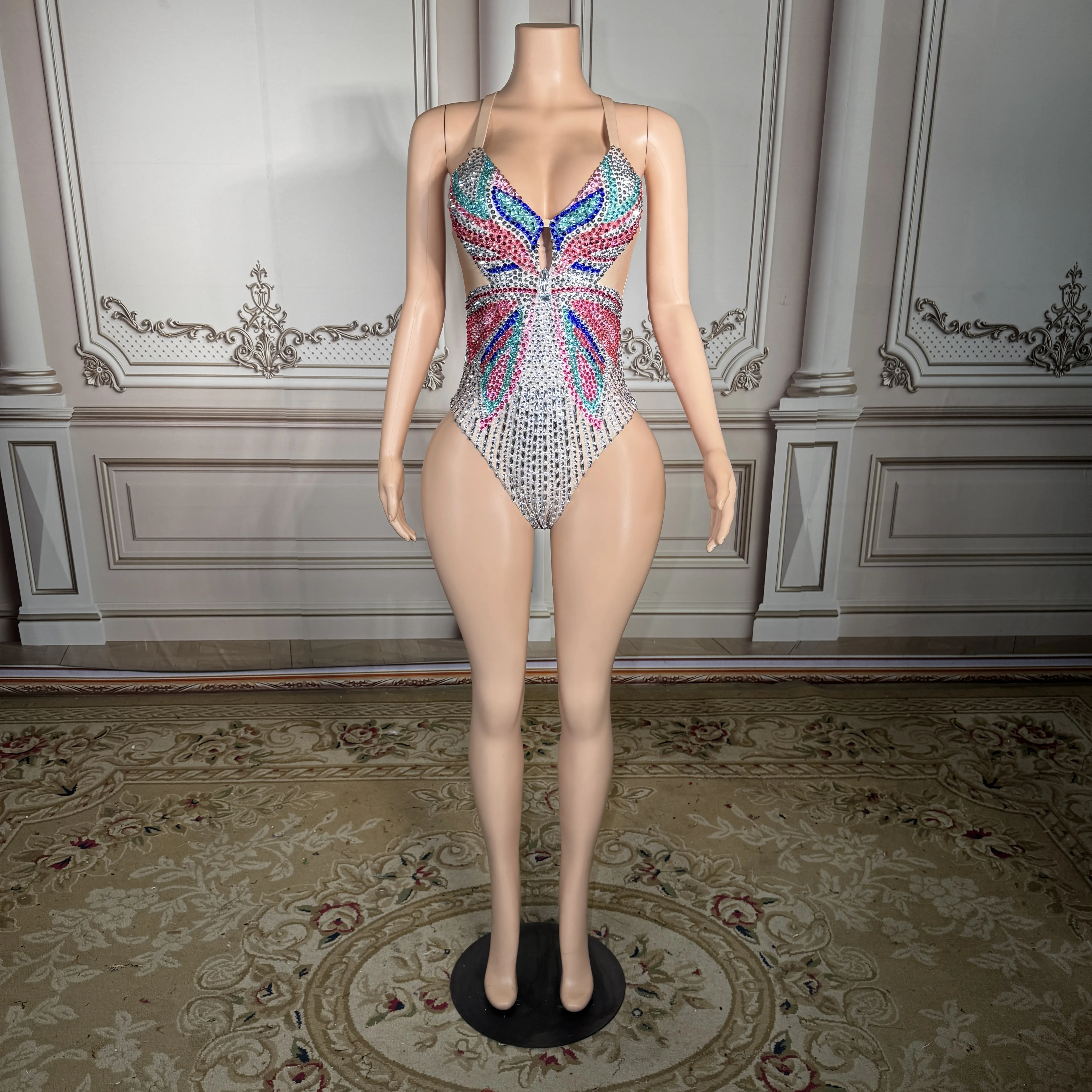 ZD New Sexy V-Neck Bodysuit Women Multi-Color Butterfly Rhinestones One Piece Swimsuit Beachwear Vacation Suit