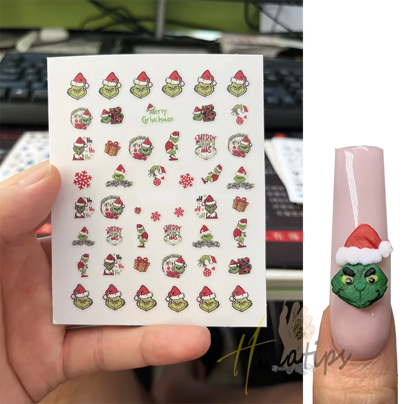 1PCS 3D Green Christmas Cartoon Adhesive Nail Art Sticker Cartoon Character Nail Decal For Nails Art Decoration Manicure