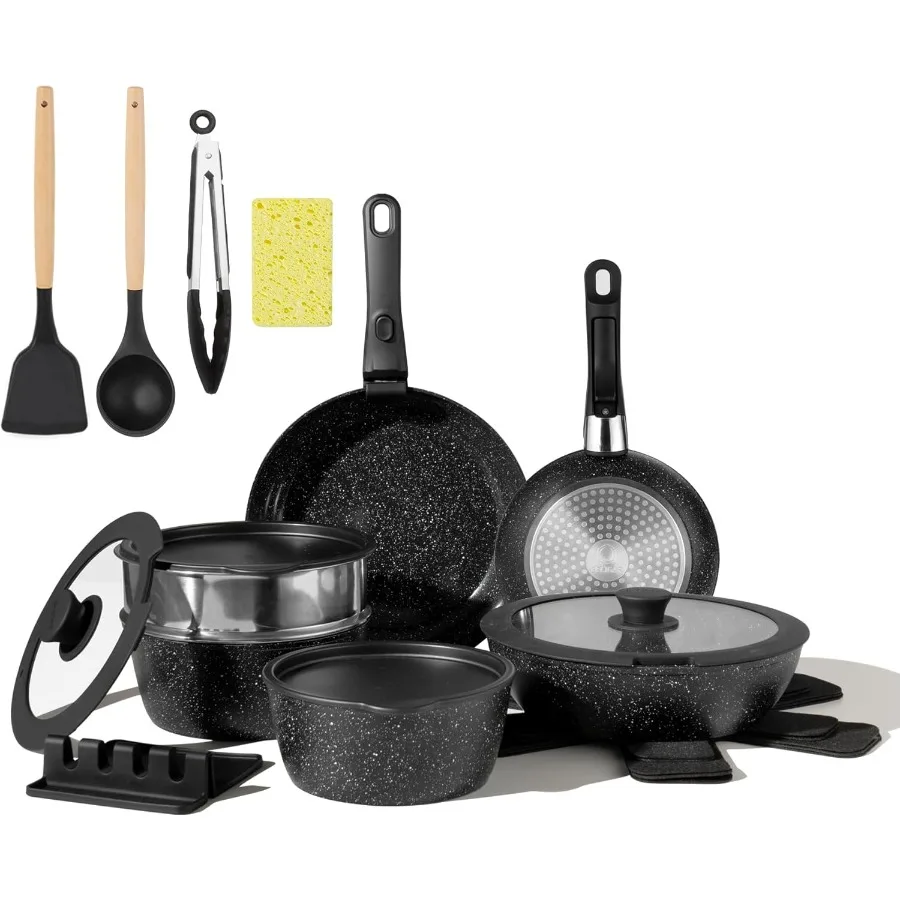 

Nonstick Ceramic Cookware Set 21PCS with Detachable Handle Pans and Pots for RV Kitchen Oven Safe and Induction Ready Cookware