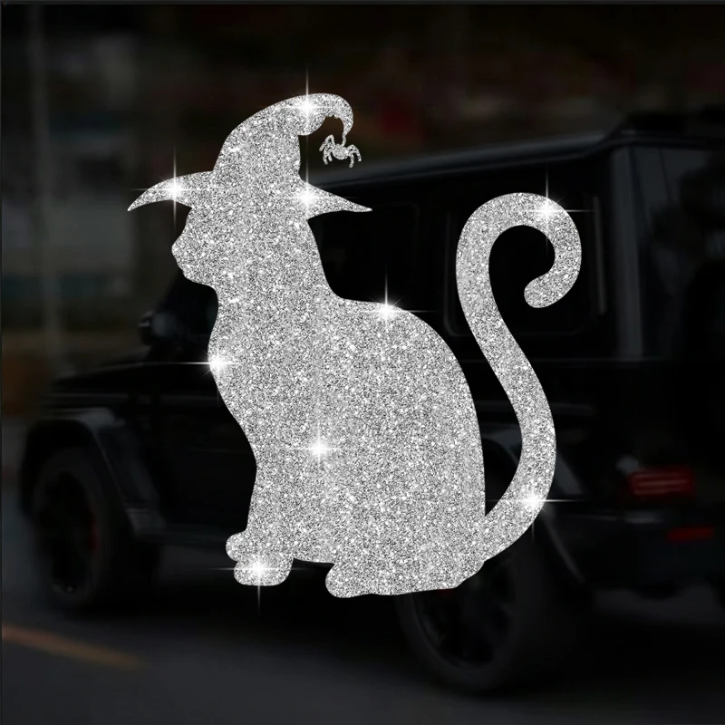 A Cat Wearing a Pointed Witch Hat, Sparkling Sticker, Halloween Stickers, Wall Sticker, Doors Sticker, Car Sticker