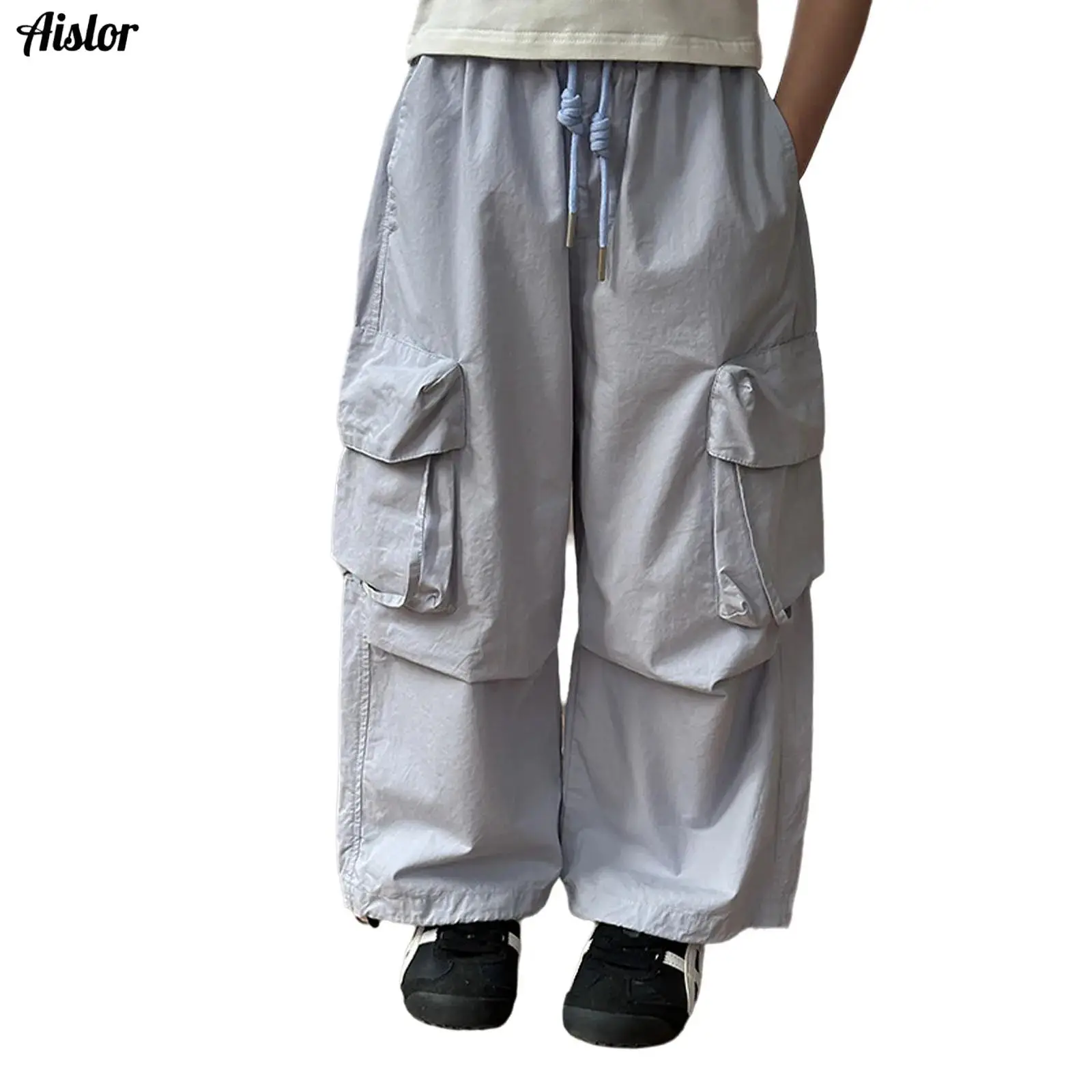 

Kids Girls Casual Joggers Tech Pants Elastic Waist Pants Drawstring Wide Leg Baggy Trousers Streetwear Skateboarding Sweatpants
