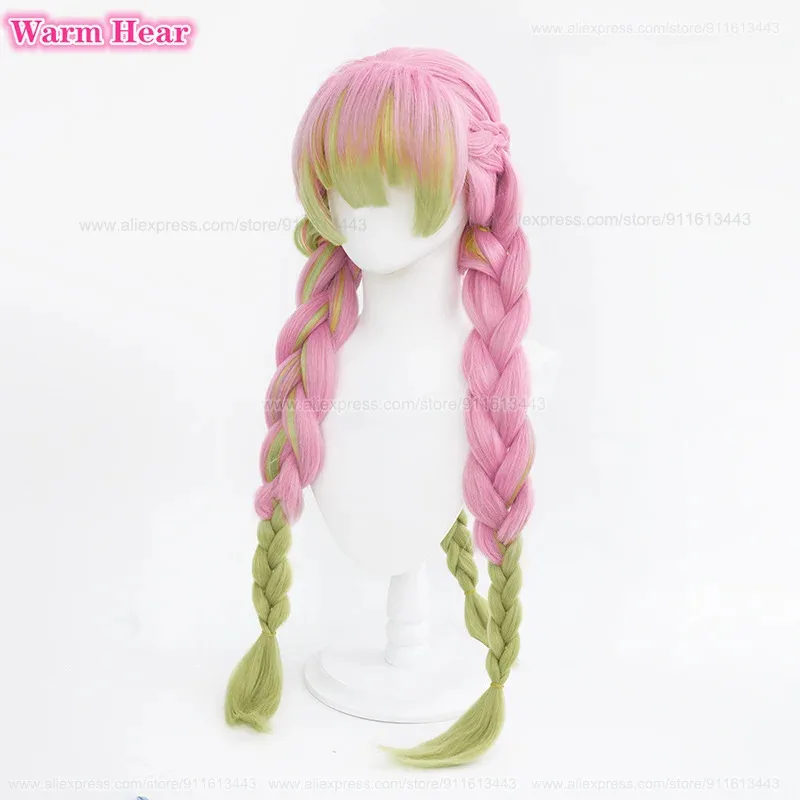 90cm Long Kanroji Mitsuri Cosplay Wig Green Pink Braids Cosplay Anime Wig Heat Resistant Hair Halloween Party Wigs + Wig Cap