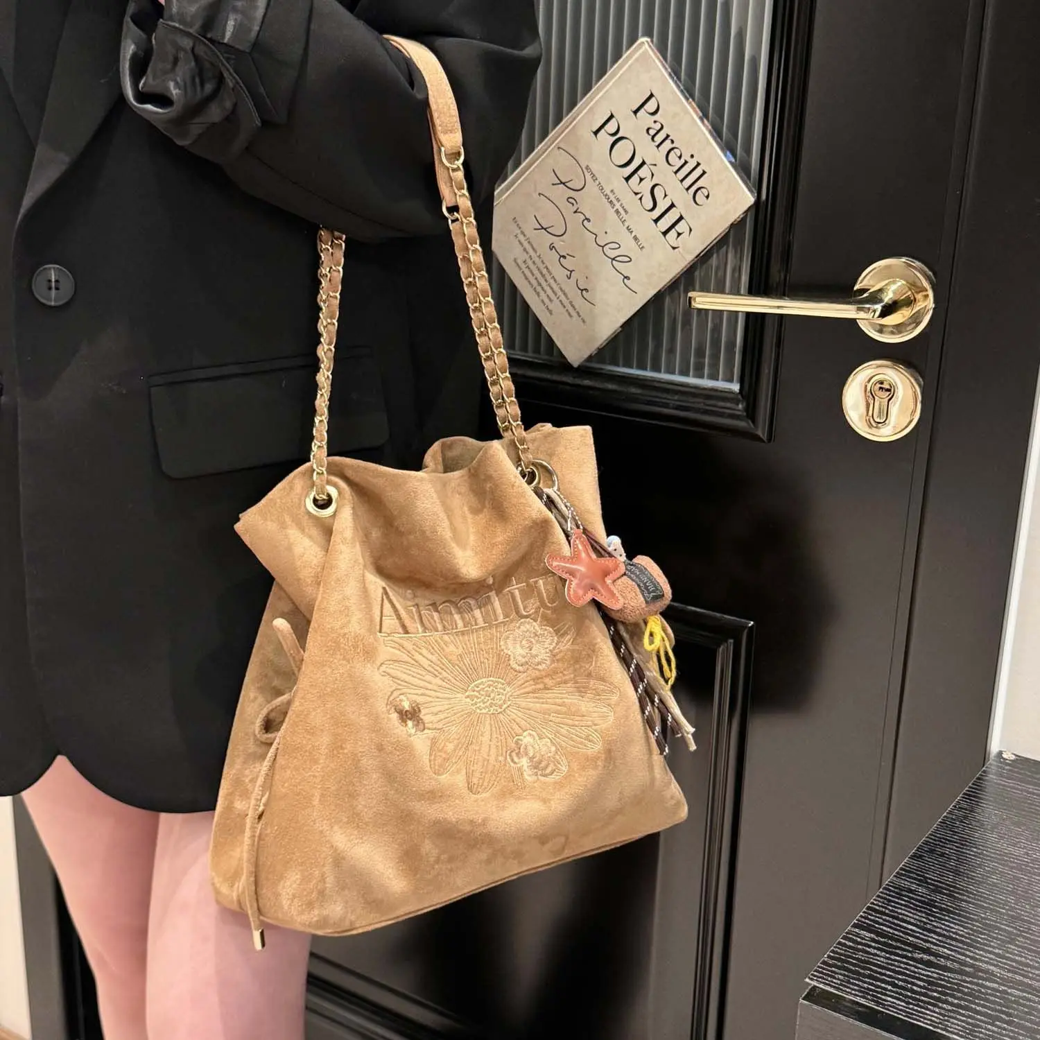 Retro Mulard Brown Tote Bag Women Embroidered Flower Letter Large Capacity Shoulder Bag Ladies Chain Casual Trend Underarm Bags