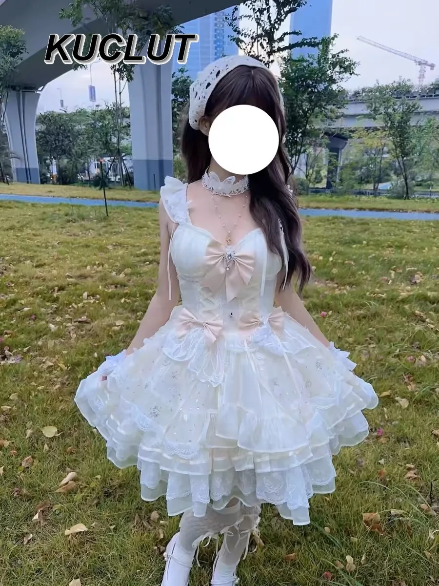 

2025 New Summer Elegant Short Dresses for Women Sweet and Cute Butterfly Big Bow Lolita Princess Style Birthday Dress Femme