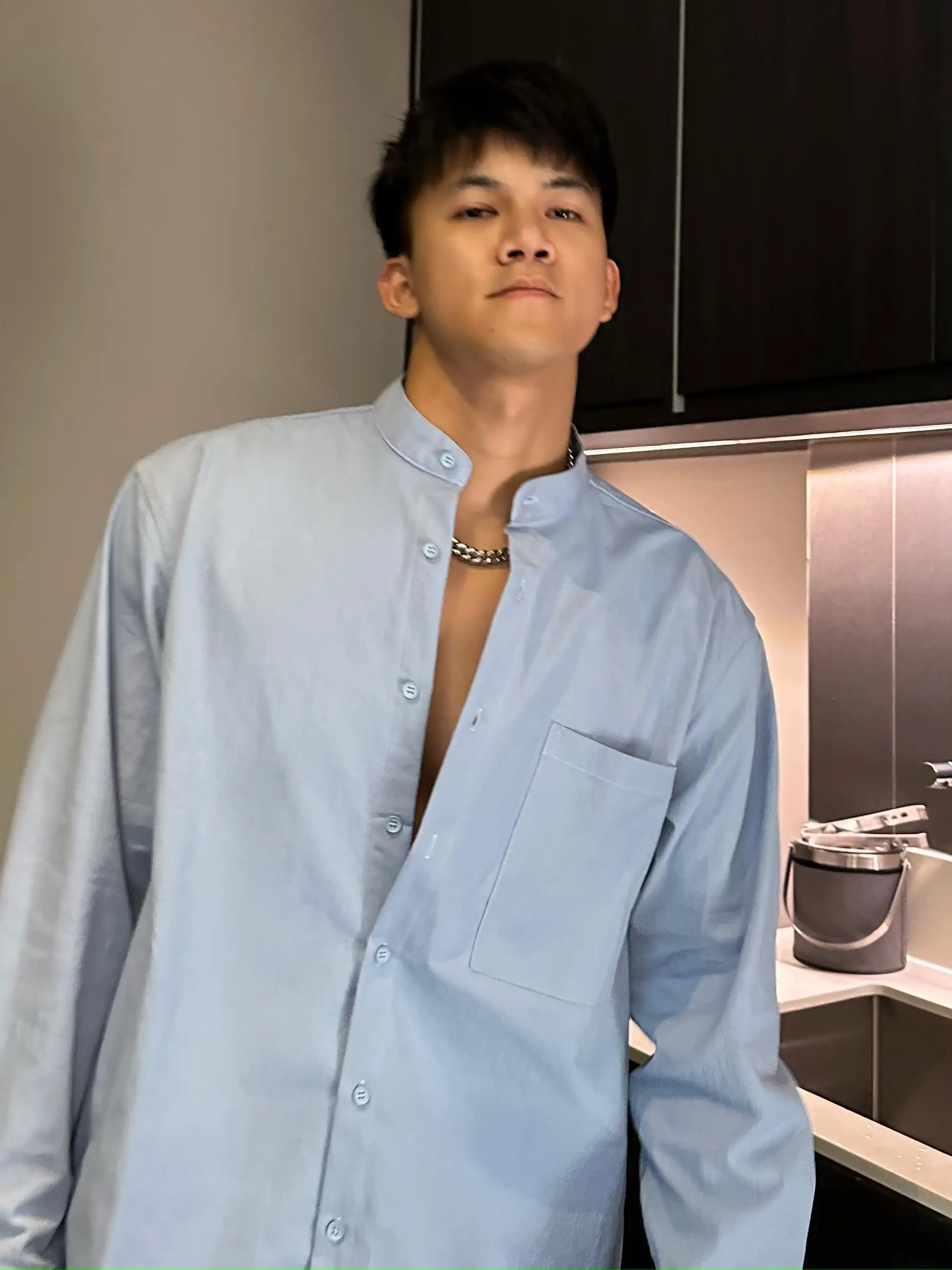 

JZD Blue/Bla Casual Loose Long Sve irt orts Set Wide ape One oulder Faionable Spring Cotton Blend Men's Suit