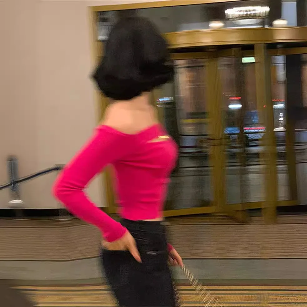 6119 Encounter Ambiguous Atmosphere Herbst Off-Shoulder Hollow Out Sexy Pure Desire Slim Fit Short Base Shirt