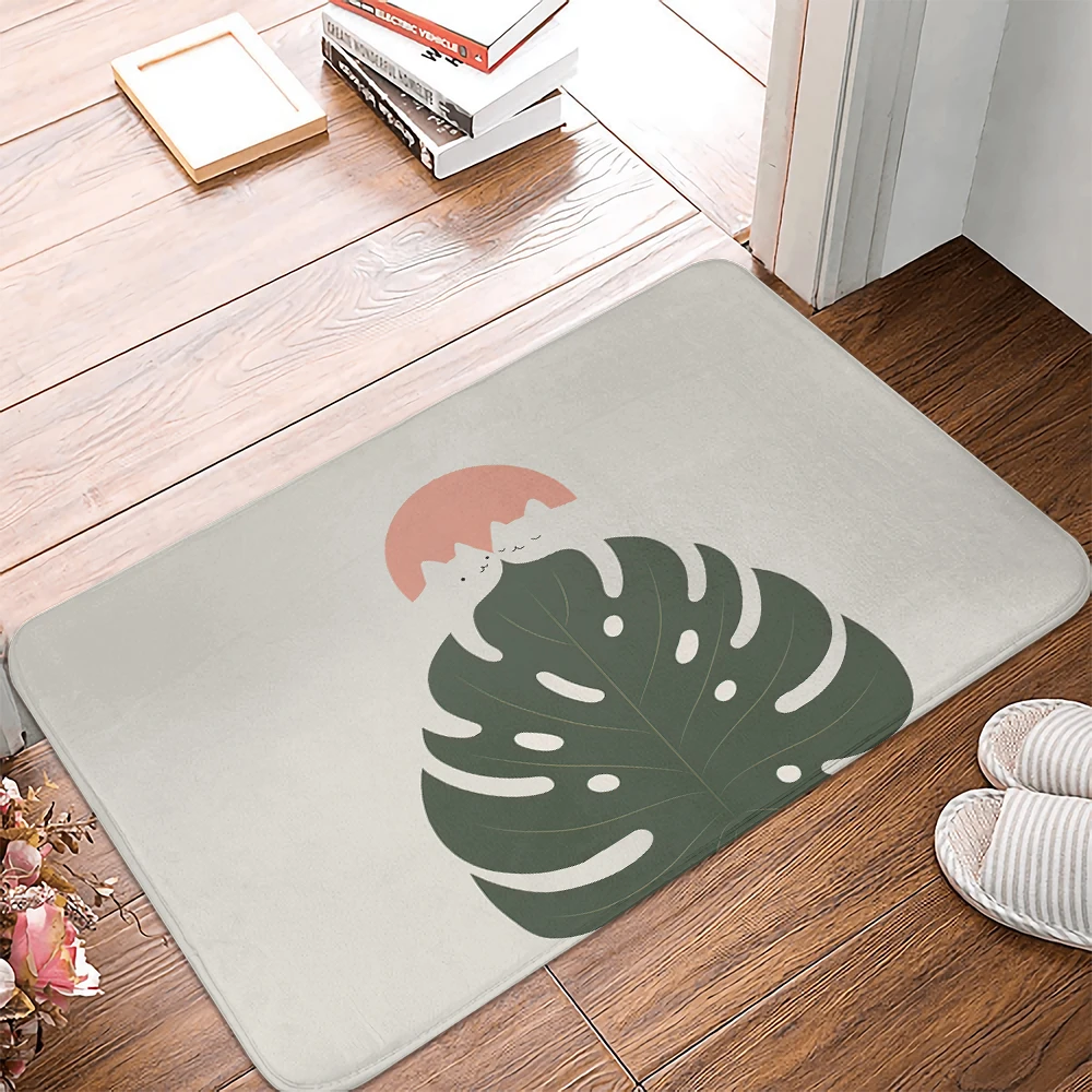 The cat Green Leaves Floor Mats Bathroom Non-Slip Mat Kitchen Living Room Bedroom Doormats Carpets Washable Home Decor