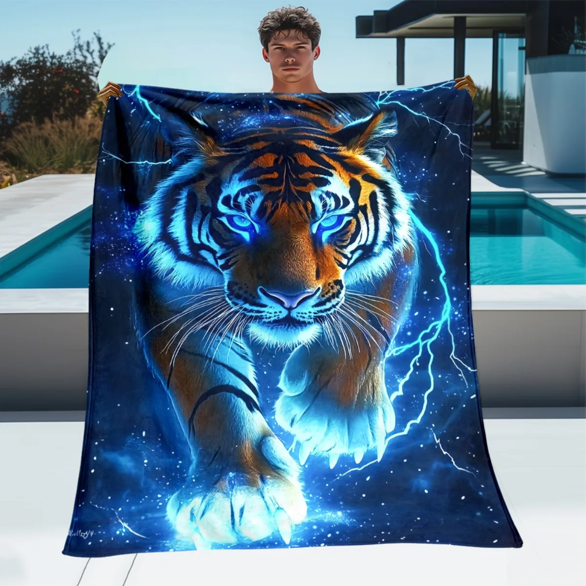 1pc Blue Lightning Tiger Portable Blanket | Lightweight Throw for Sofa Bed Travel Camping, Livingroom Office Couch Chair, and Be