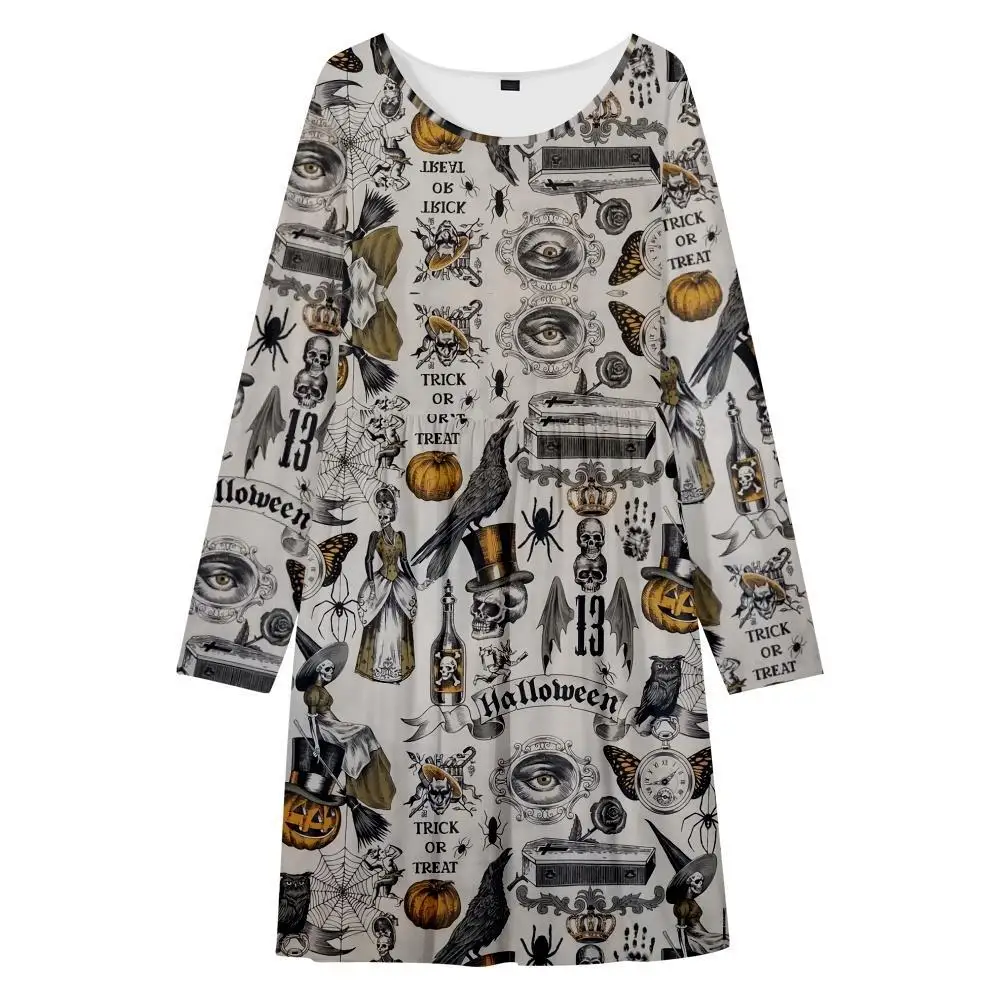

Elegant O Neck Sundress Robe Women Autumn Long Sleeve Vintage Party Dress Halloween Print Dress