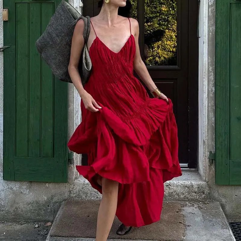 Moda baixo corte com decote em v praia vestido longo verão oco sem costas cor sólida vestido de festa casual suspender plissado vestidos femininos