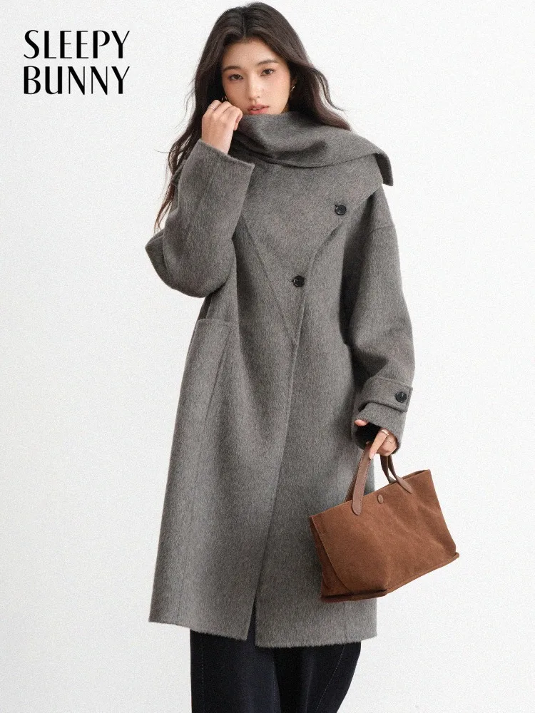 Vintage Scarf-Collar Long Coat for Women Lady Winter Loose Double-Faced Overcoat Elegant Warm Outerwear Chic Daily Commuter Wear