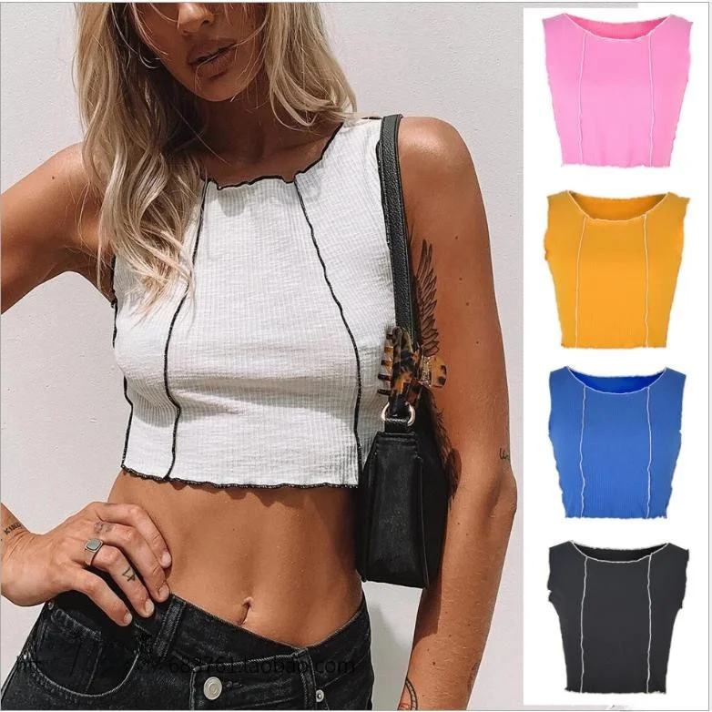 Slim Fit European American Stitching Vest round Neck Street Style Short Length  Color Workwear for Women Summer Fashion