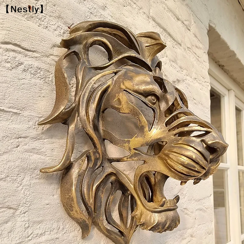 Lion Head Ornaments Wall Mounted Art Animal Statue Resin Corridor Bedroom Wall Decoration Craft Luxury House Accessories〔Nest〕