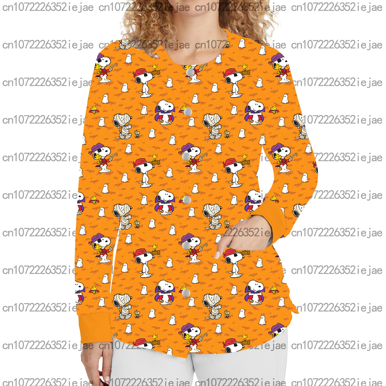 여성 캐주얼 간호복 싱글 브레스티드 프린트 가디건 만화 스누피 탑 라운드 넥 재킷 간호 작업복