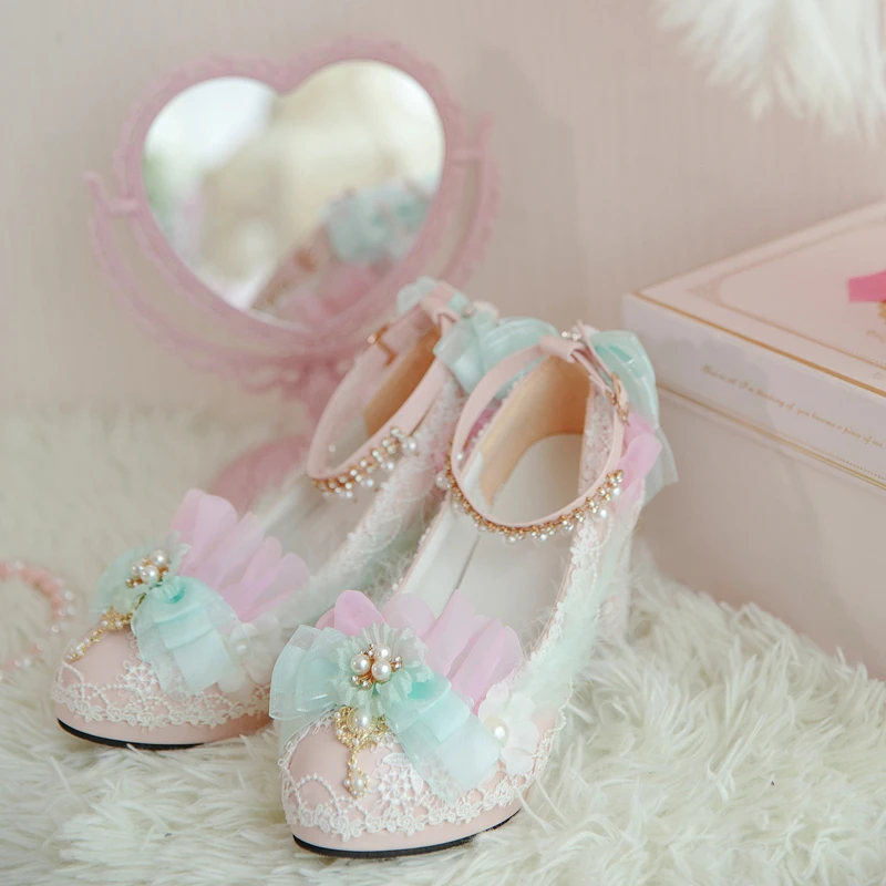 

Sweet Lolita Shoes Authentic Handmade Tea Party Style Flower Wedding Rainbow High Heel Lolita Lo Shoes Cos Loli