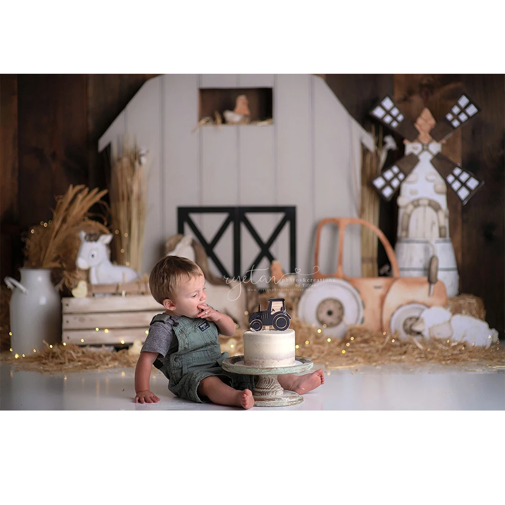 White Barn Farm Photography Backdrop Children Birthday Cake Smash Photo Background Cow and Sheep Windmill Photo Studio Props