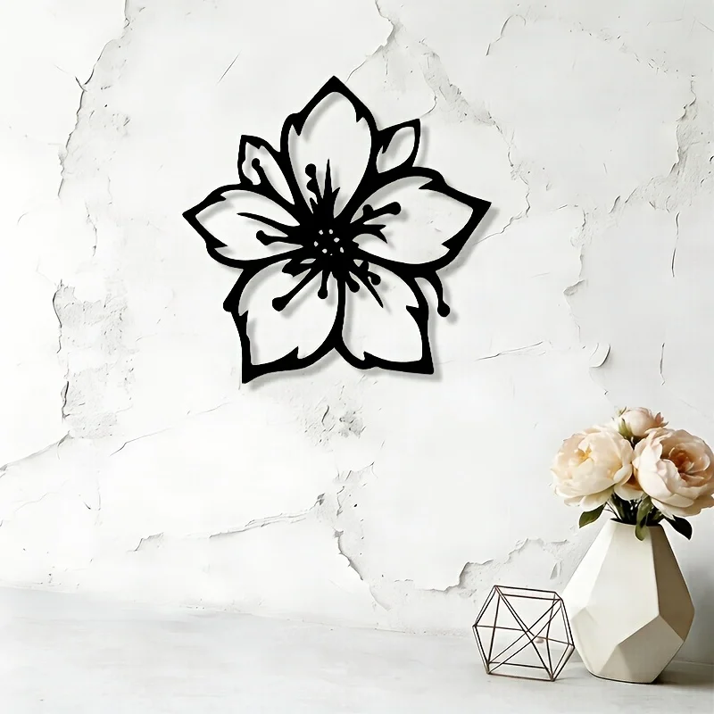 1 pieza de arte metálico plano 2D con diseño de flores de cerezo, una elegante decoración floral en silueta de hierro.