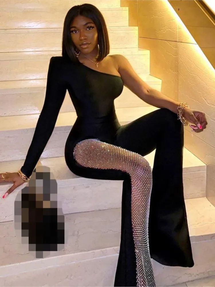 Spring Summer New Women's Fashion Slanted Collar Off Shoulder Long Sleeved Sexy Mesh Splicing Micro Flared Jumpsuit
