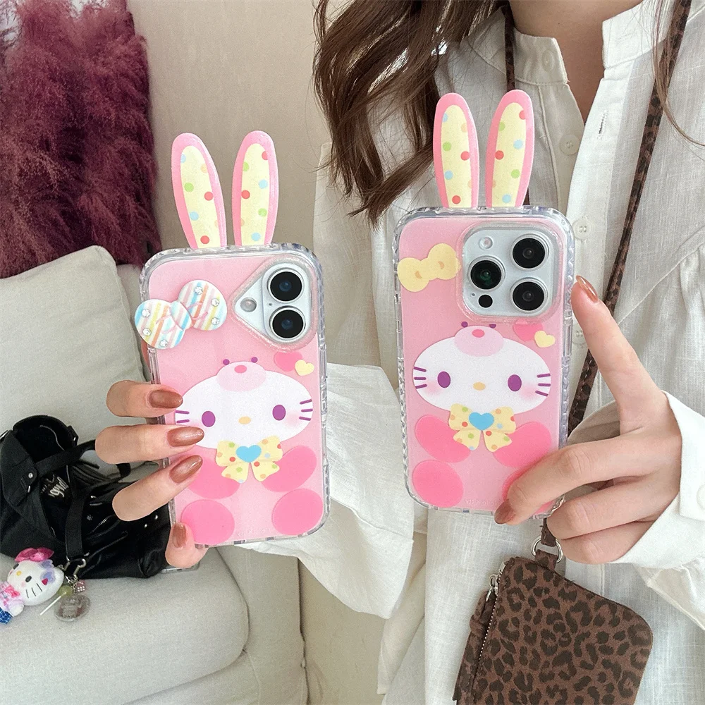

Cute Polka Dot Rabbit Ear Kitty Phone Case for iPhone 13 16 14 15 Pro Max Cover Luxury Stylish Shockproof Funda Anti-fall Cover