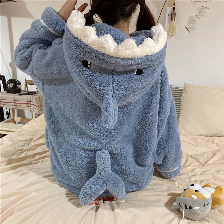 

Autumn Winter Women Cute Pajamas Sets Cartoon Shark Hooded Sleepwear Coral Fleece Lady Home Clothes Female Sweet Warm Pyjamas