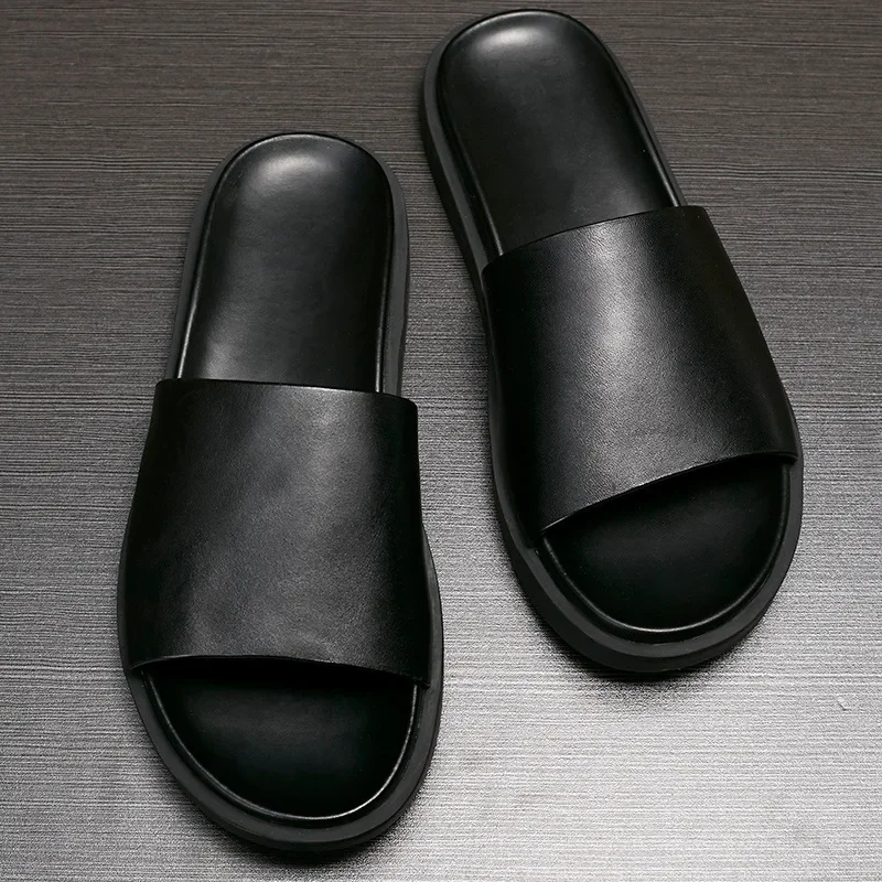 Luxury Mens Genuine Leather Slippers Handmade Quality Summer 2026 New Comfortable Classic Black Outdoor Daily Beach Shoes Man