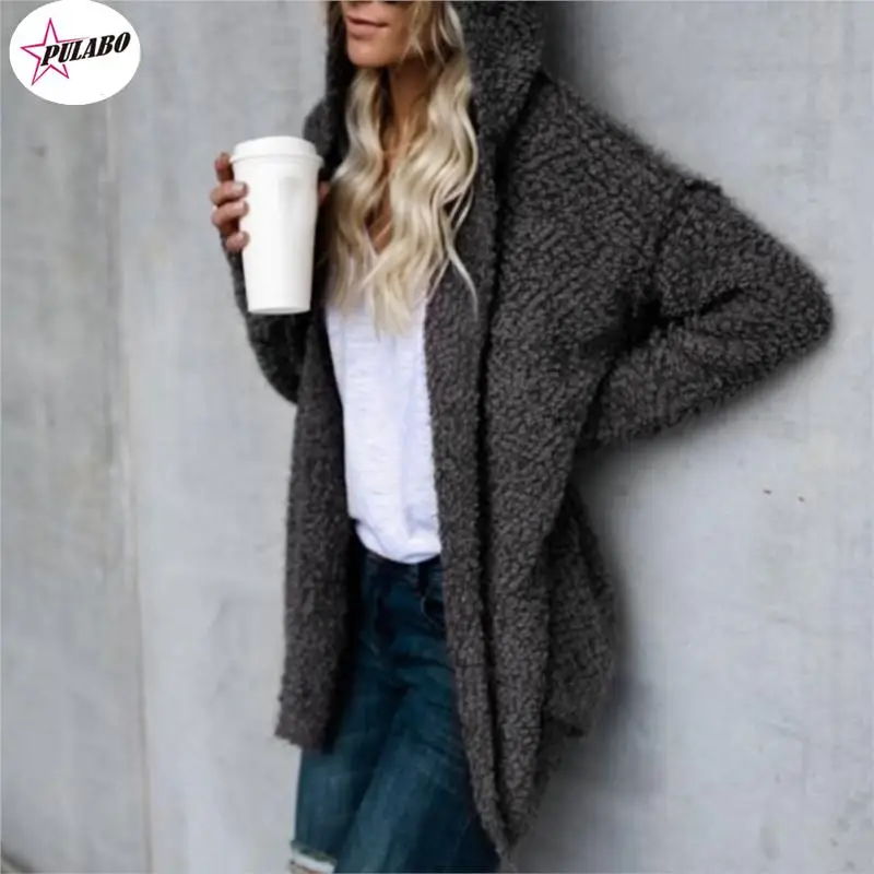 

PULABO Size S-5XL Women Loose Solid Color Hooded Cardigan Long Sleeve Open Front Knitted Outwear Loose Warm Hooded Open Stitch