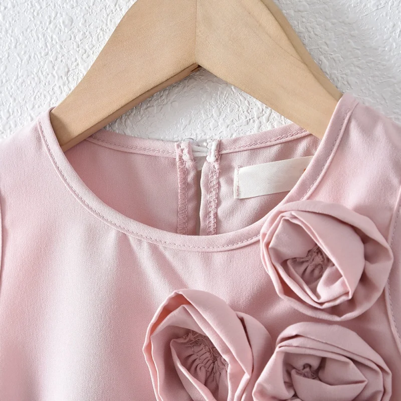 Girls' summer dress, sweet and stylish princess dress for girls, elegant children's tank dress with three-dimensional rose flowe