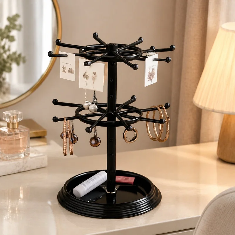 Rotating Jewelry Holder with Multiple Levels for Earrings, Bracelets, and Necklaces Storage
