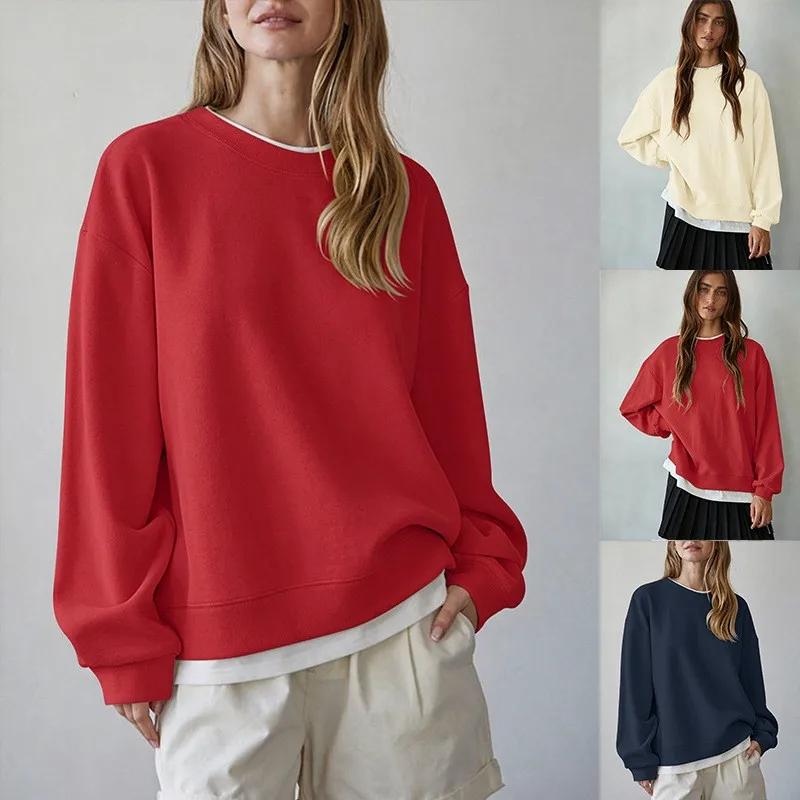 Women's Batwing Loose Fit Color Block Cotton Round Neck Mid Length Sweatshirt Women Clothes Female Clothing Women's Hoodies And