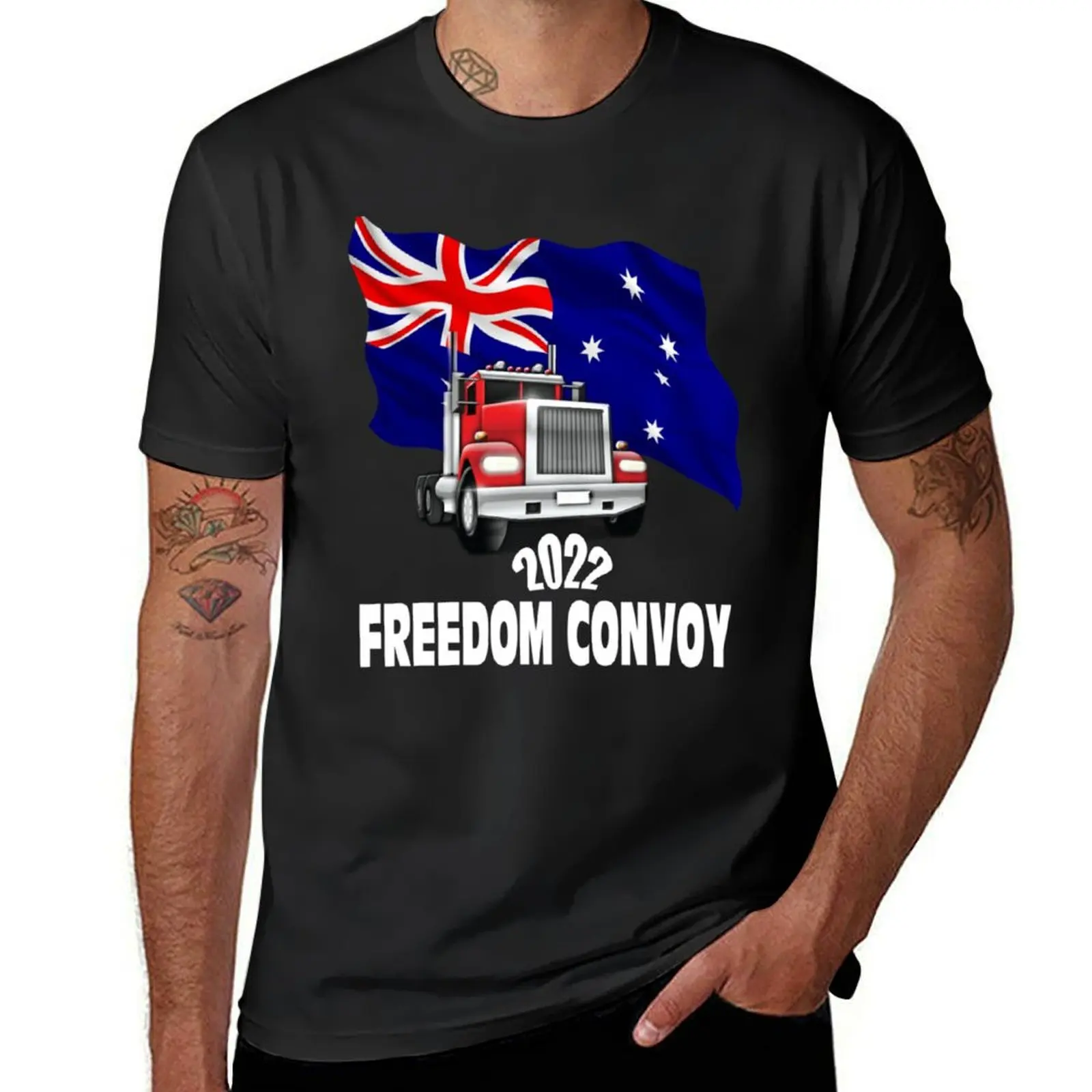 Freedom Convoy Australia 2022Truck with Waving Australian Flag T-Shirt customs design your own summer top Men's cotton t-shirt