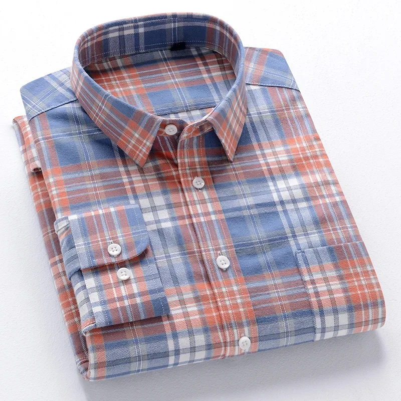 

Men's 100% Cotton Brushed Long Sleeve Check Shirts Washed Single Pocket Soft Comfortable Casual Fashion Slim Fit Button Shirts