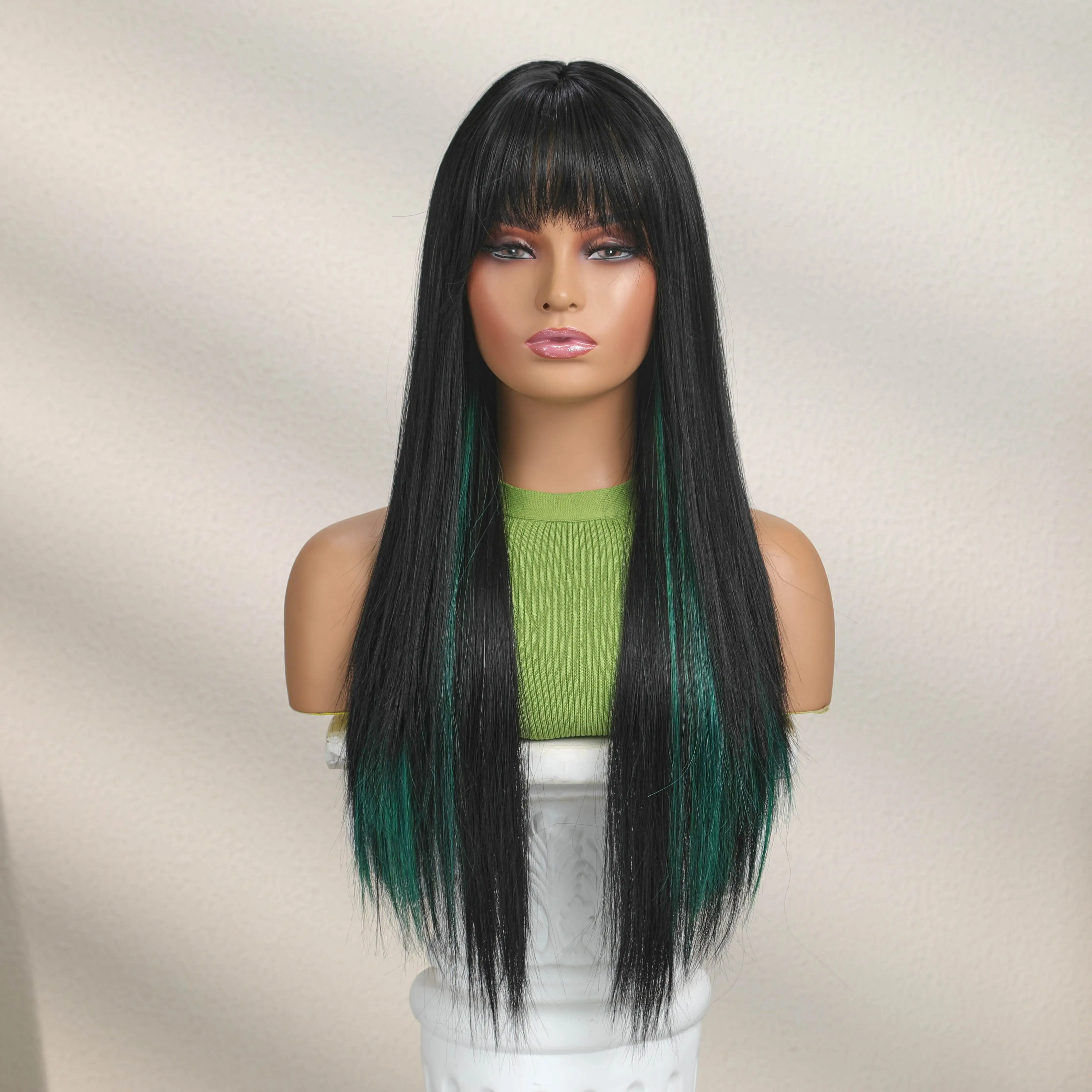 Long Black Green Synthetic Wigs for Black Women Highlight Straight Hair with Bangs High Temperature Fiber Natural Use Party