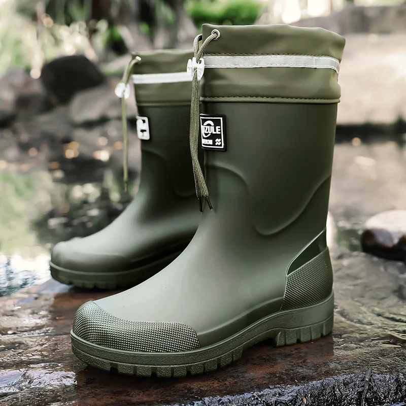 Men's Mid-Calf Drawstring Rain Boots, Waterproof Thick-Soled Commuting Fishing Outdoor Rain Shoes view 3
