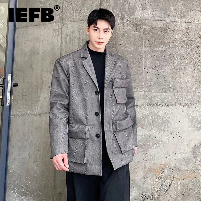 

IEFB Male PU Leather Suit Jackets Stylish Turn-down Collar Solid Color Large Pockets Men's Short Coat Safari Style Spring 9C3236