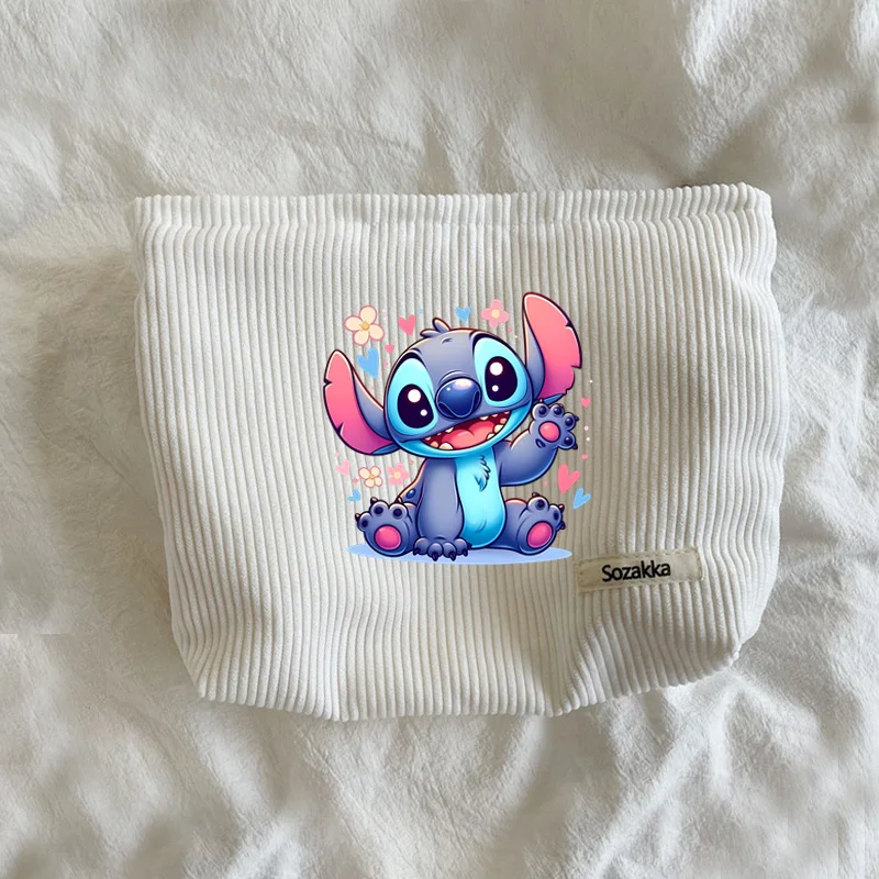 Bolsa de maquillaje de dibujos animados de Disney Lilo & Stitch para mujer, bolsas de cosméticos de viaje, estuche de maquillaje de pana para mujer, bolsa informal, bolsa de cosméticos para mujer