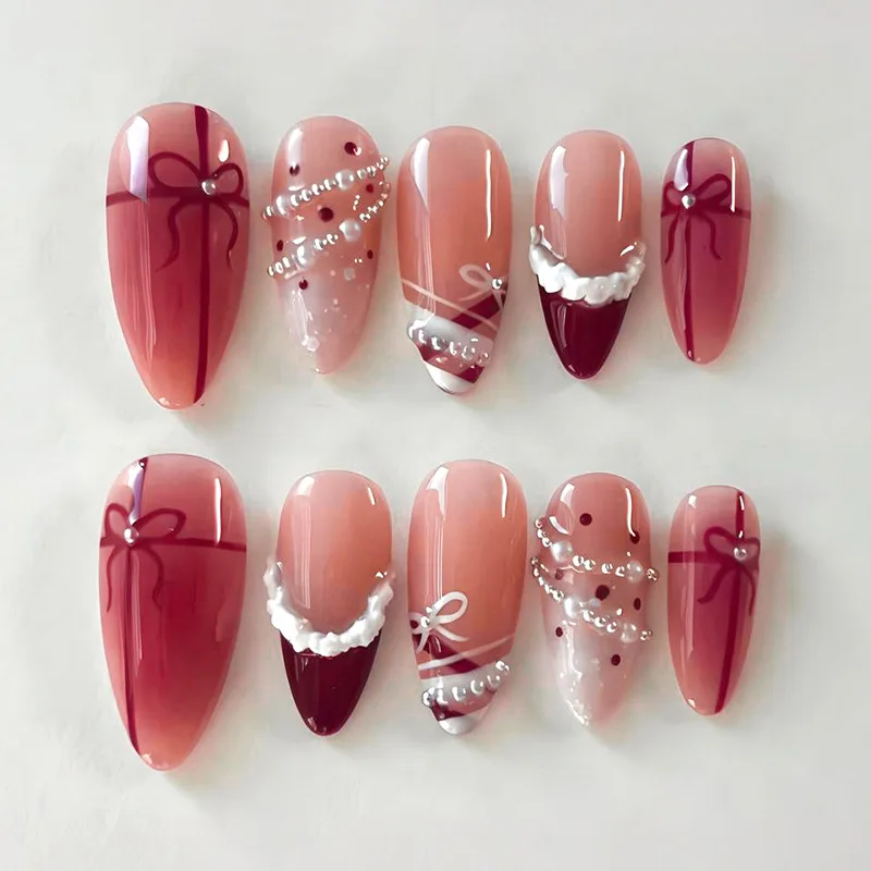 

24PCS Press on Nails Bow Ribbon Polka Dot Decorate French Pearl Pleated Design Almond Fake Nails New Sweet Gentle Style Wearable
