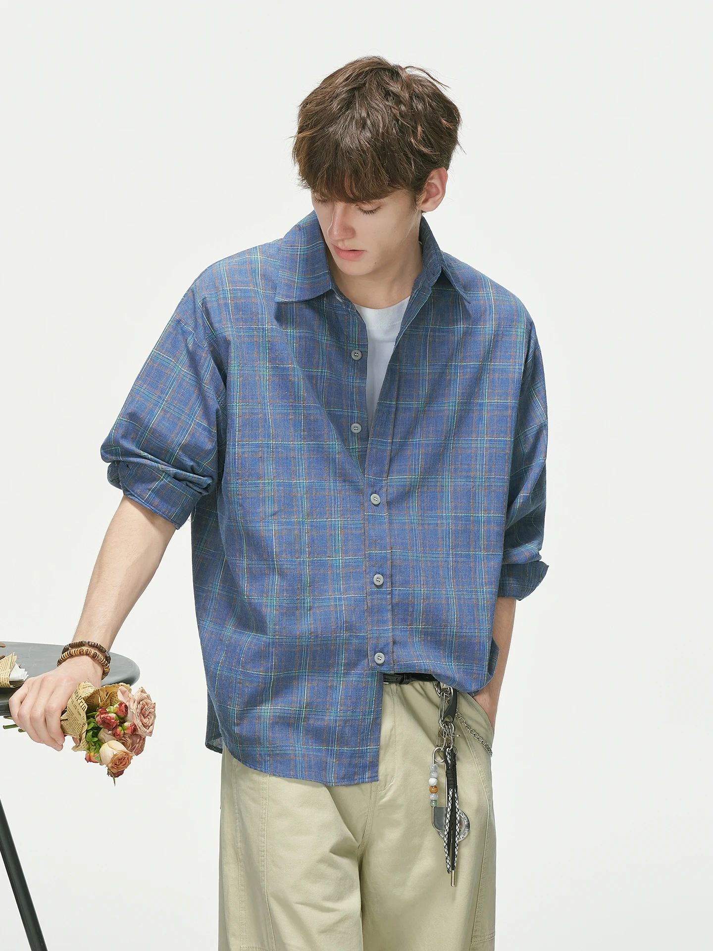 Loose Fit Long Sleeve Men's Shirt Purple Plaid Casual Layering Style Commute Fashion Cotton Polyester Blend Autumn Wear