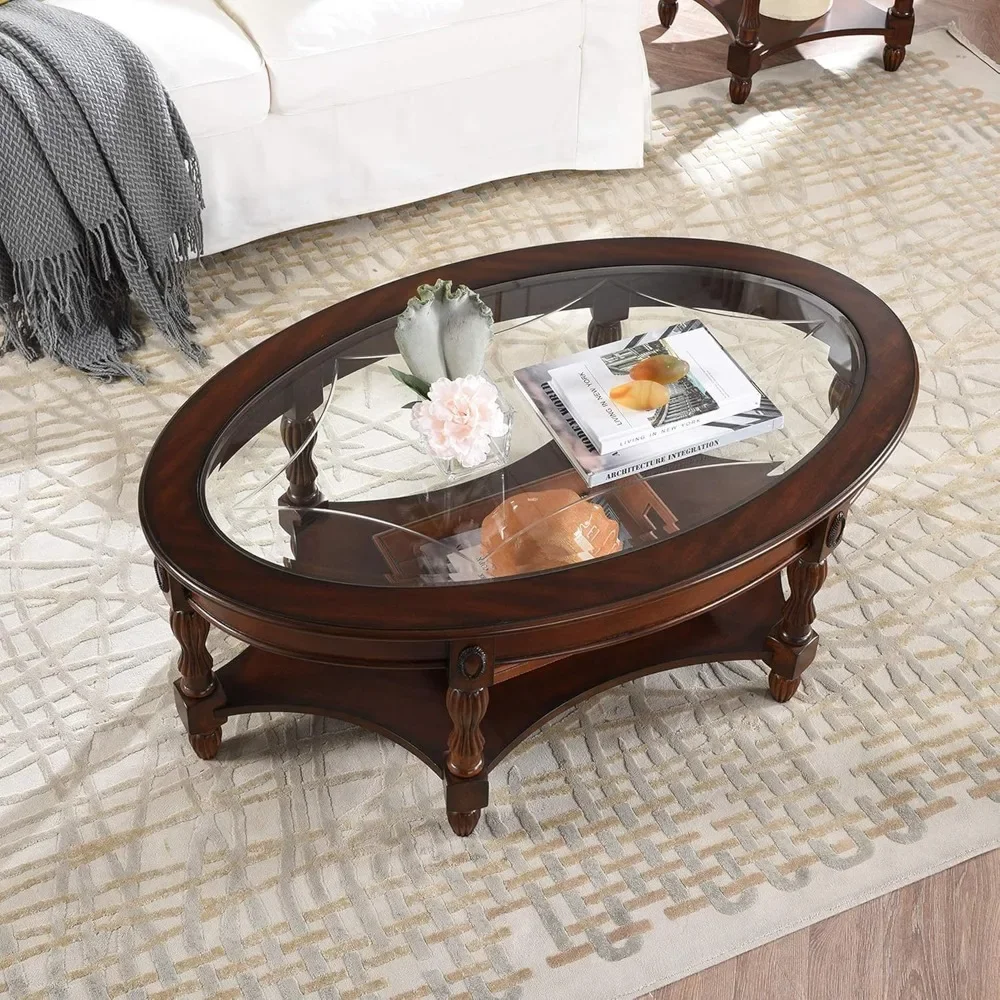 Oval Coffee Table for Living Room, Cherry Solid Wood Coffee Table with Glass Top, Victorian Antique Vintage Coffee Table