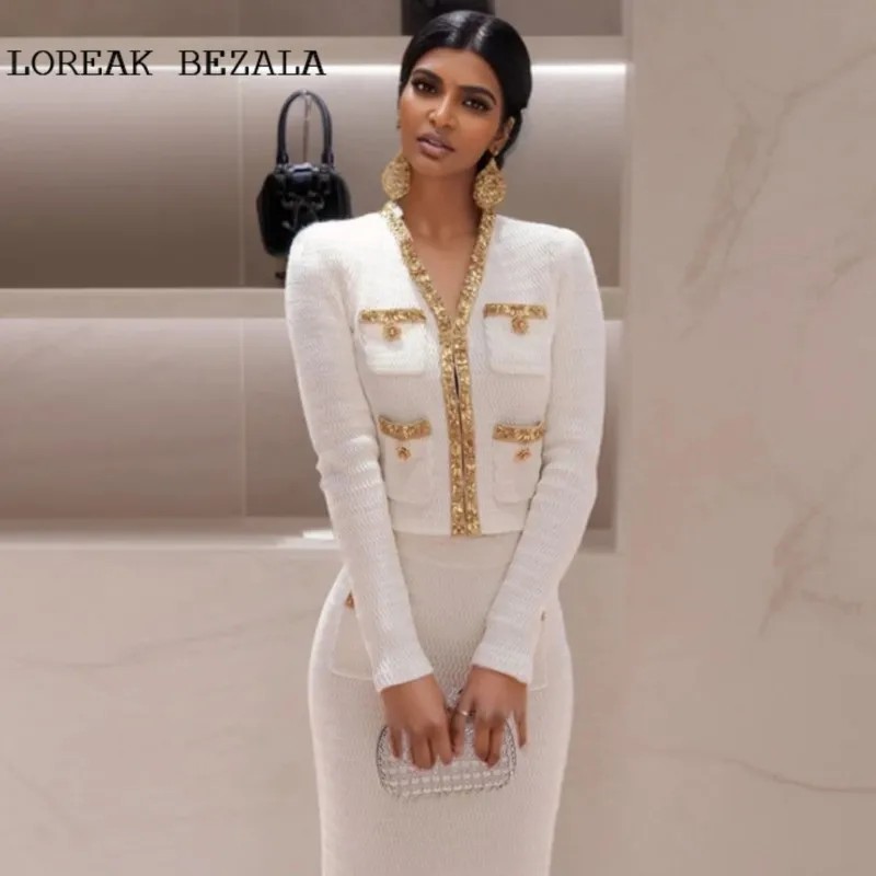 

Ladies' Knitted Skirt Set Fashionable and Elegant Gold Nail Beaded Edge Top+Hip Wrapping Skirt Set