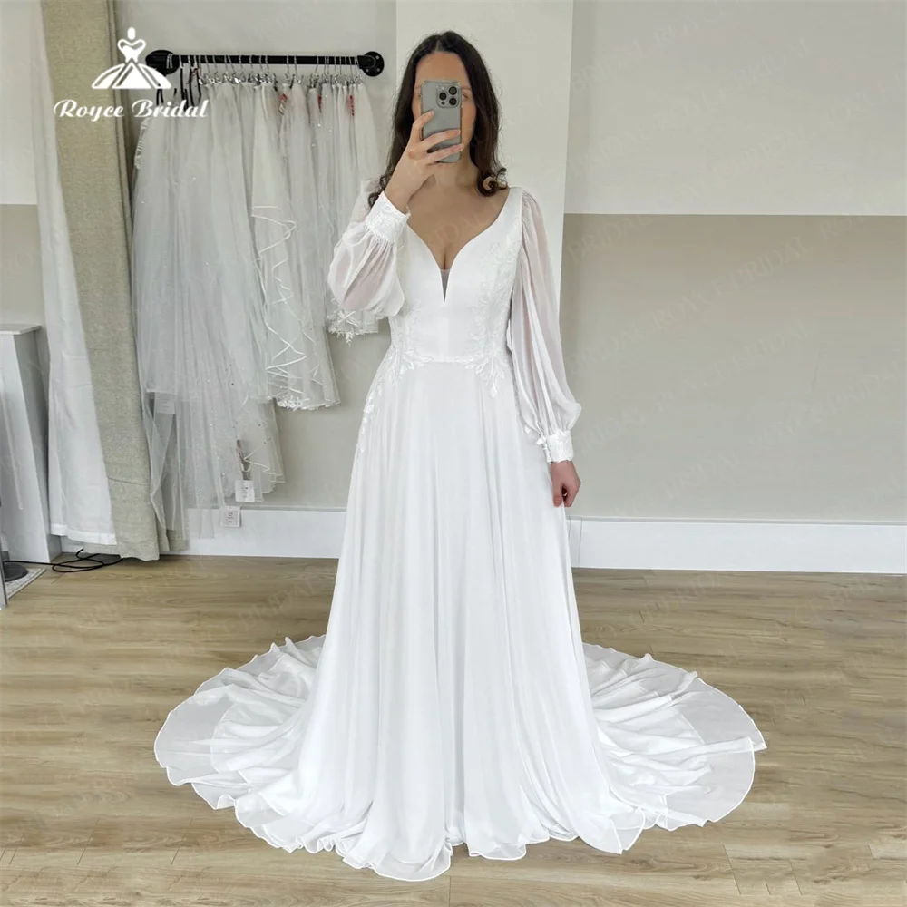 Roycebridal-فستان زفاف شيفون للنساء ، فساتين زفاف رومانسية ، أكمام طويلة ، رقبة حرف V ، زين قطار كنس ، كنس