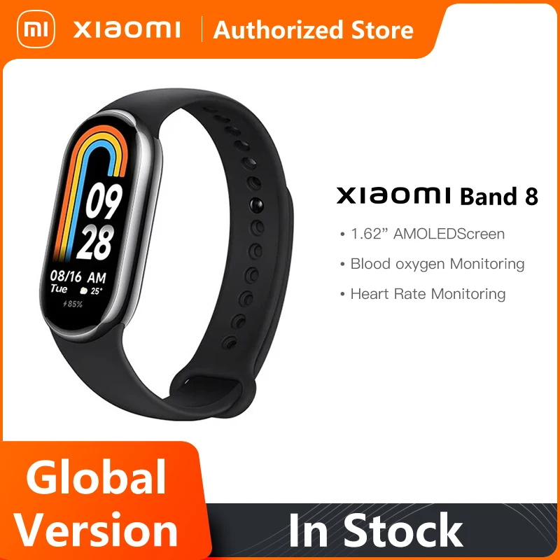 Globale Version Xiaomi Mi Band 8 Blutsauerstoff-Fitness-Tracker Wasserdicht 1,62 AMOLED-Bildschirm Smart Band 150+ Sportmodi