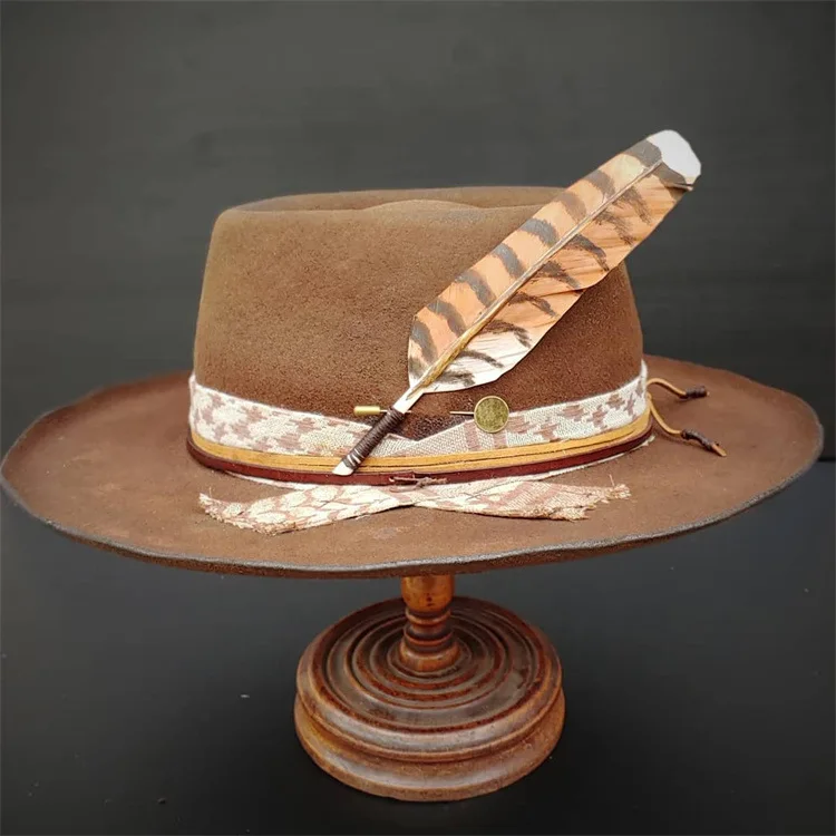 Sheepskin Hat Solid Color Sheepskin Felt Hat Feather Decorated Pure Wool Felt Hat