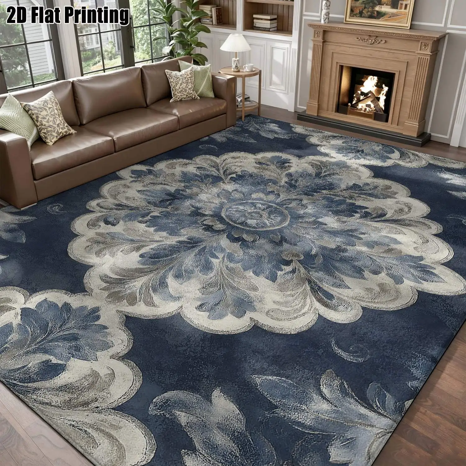 1Pc 2D Printed Blue-Grey Floral European Vintage Geometric Bohemian Carpets & Doormats, Home Decor, Multi-Size, Machine Washable, for Entrance, Dining, Foyer, Bedroom, Living Room