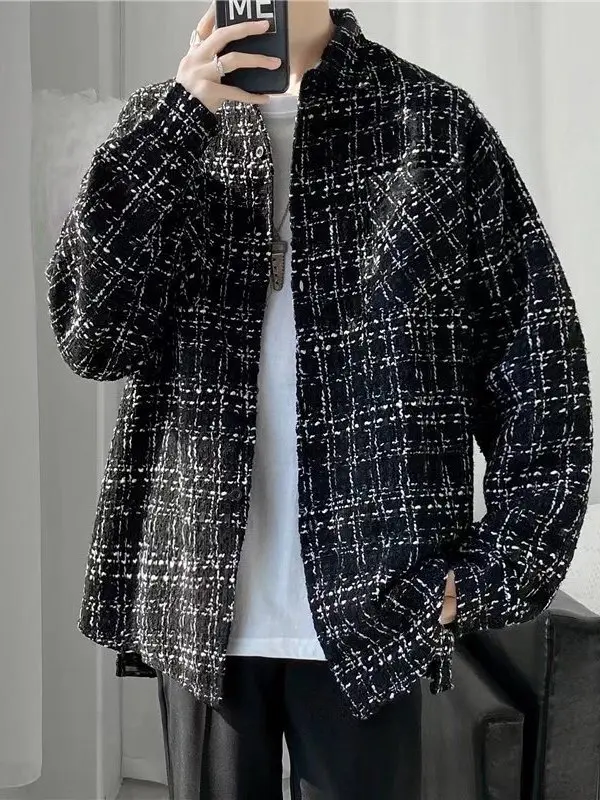 Men's Long Sleeve Woolen Shirt Casual Loose Fit Plaid Pattern Spring Autumn Fashion Brand Crlaisrwolf Polyester Fiber