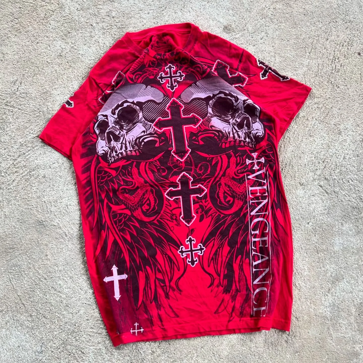 

Vintage Red T-Shirt Mens 90s Hip Hop Style Skull Graphic Oversized Crew Neck Heavy Cotton Short Sleeves