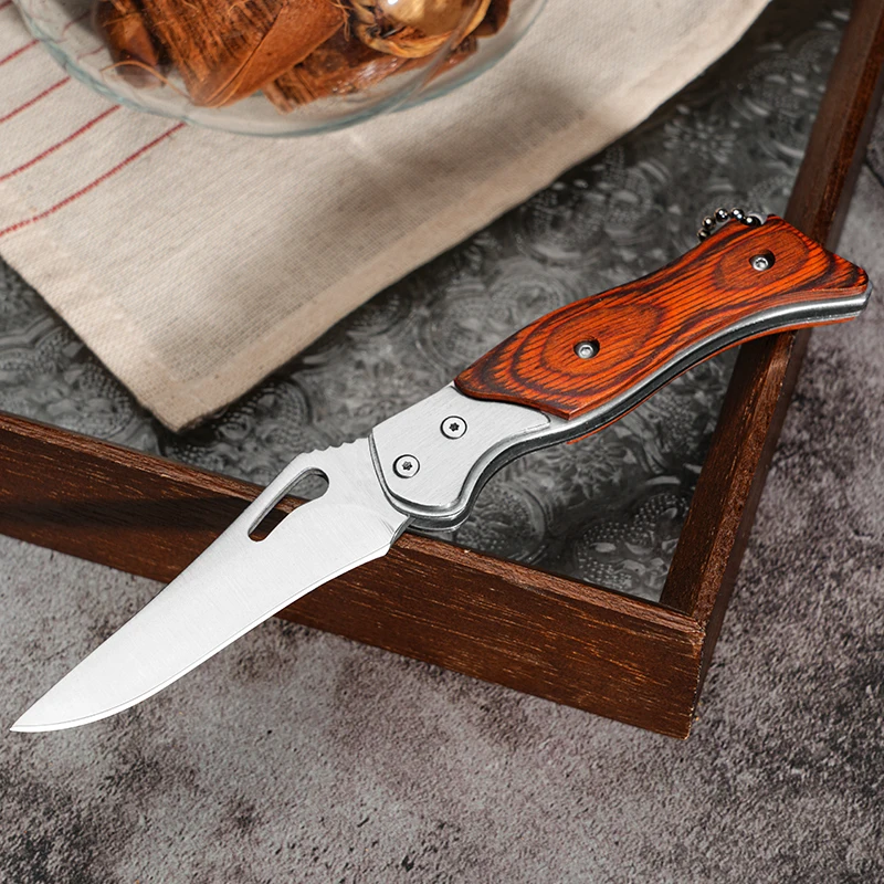 1PC Mini Folding Stainless Steel Pocket Knife Wooden Handle Multifunctional Portable Opening Pocket Knife Outdoors Tools