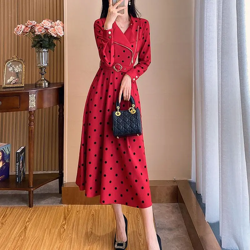 Office Lady Elegant Tailored Collar Dresses Polka Dot Spring Autumn Women's Clothing A-Line Sashes Chic Asymmetrical Long Dress