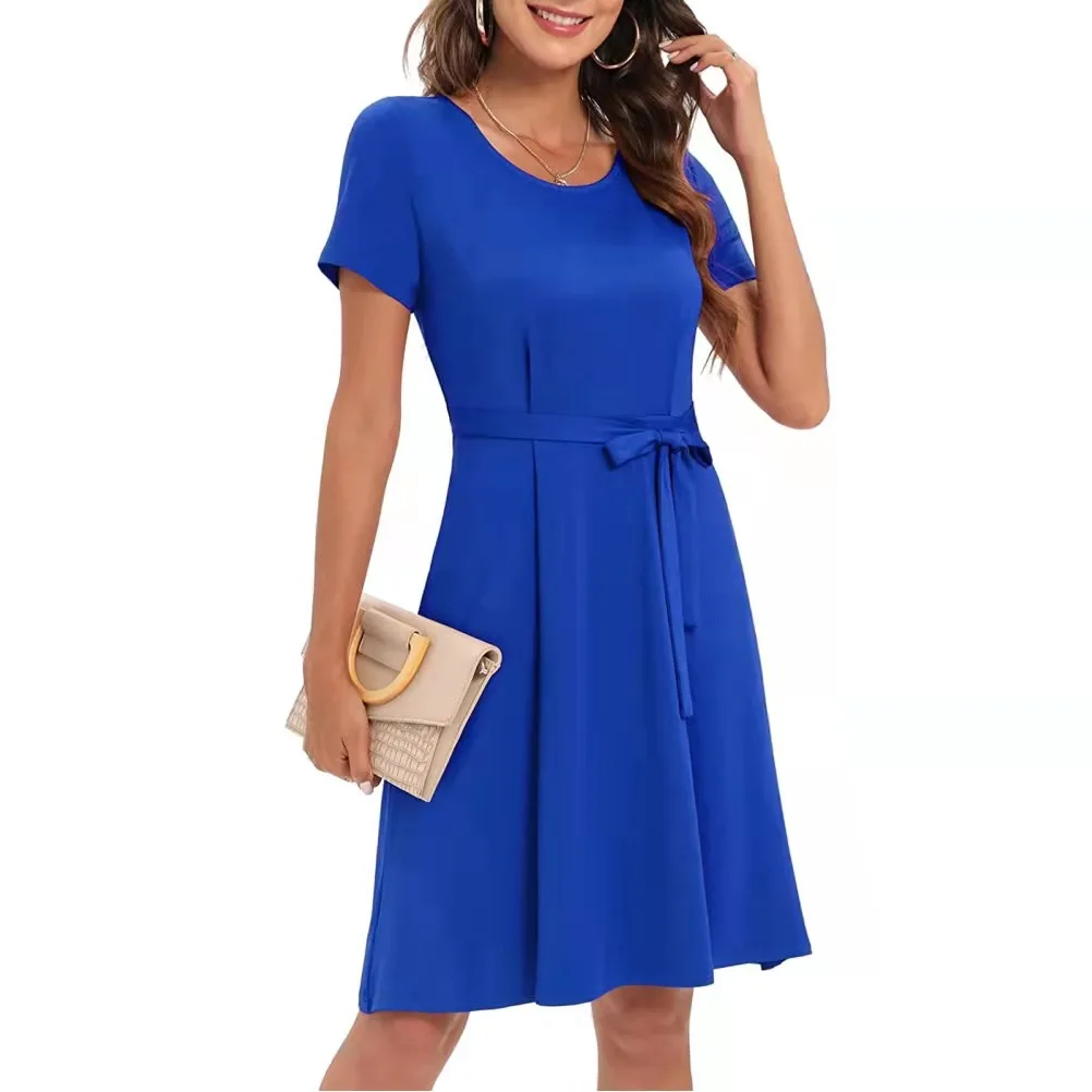 

Solid Blue Women's Printed Floral Short Sleeve Dress