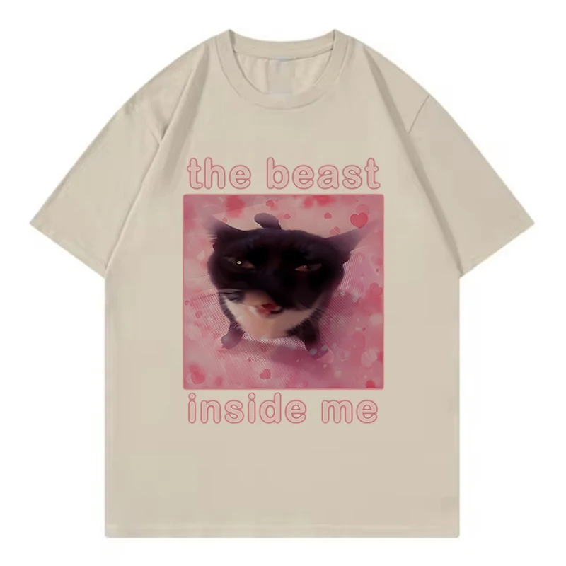 Camisetas divertidas con diseño de gato The Beast Inside Me para hombre, camiseta con cuello redondo y manga corta, camiseta moderna, ropa de calle, camiseta Vintage