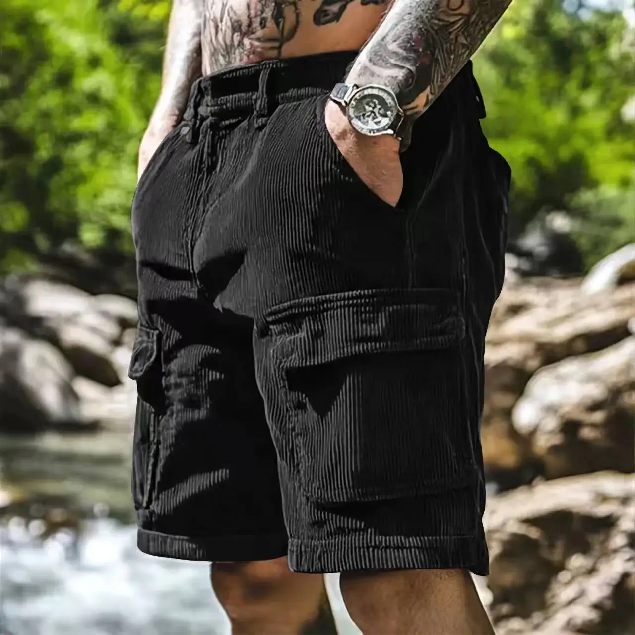 2026 Summer Trendy Loose Straight Corduroy Shorts For Mens Casual Solid Color Cargo Pants Men Fashion Patchwork Pockets Short